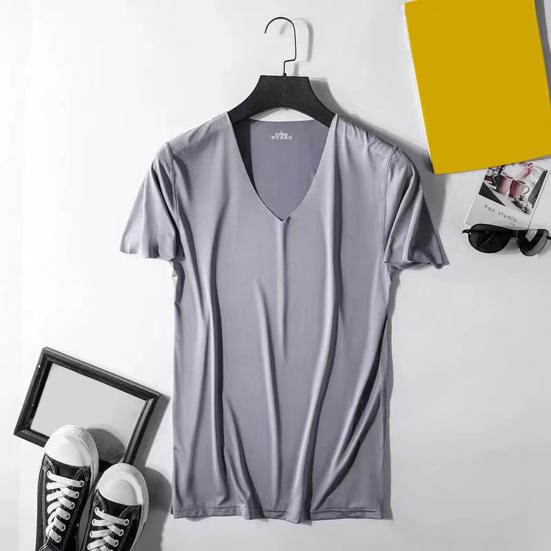 PLUM LAI Heren T-shirt V-hals Dun Zijde Effen Rekbaar Kleur Dun Ijs Trui Middellang Zweetafvoer Snel drogend Sport L zwart