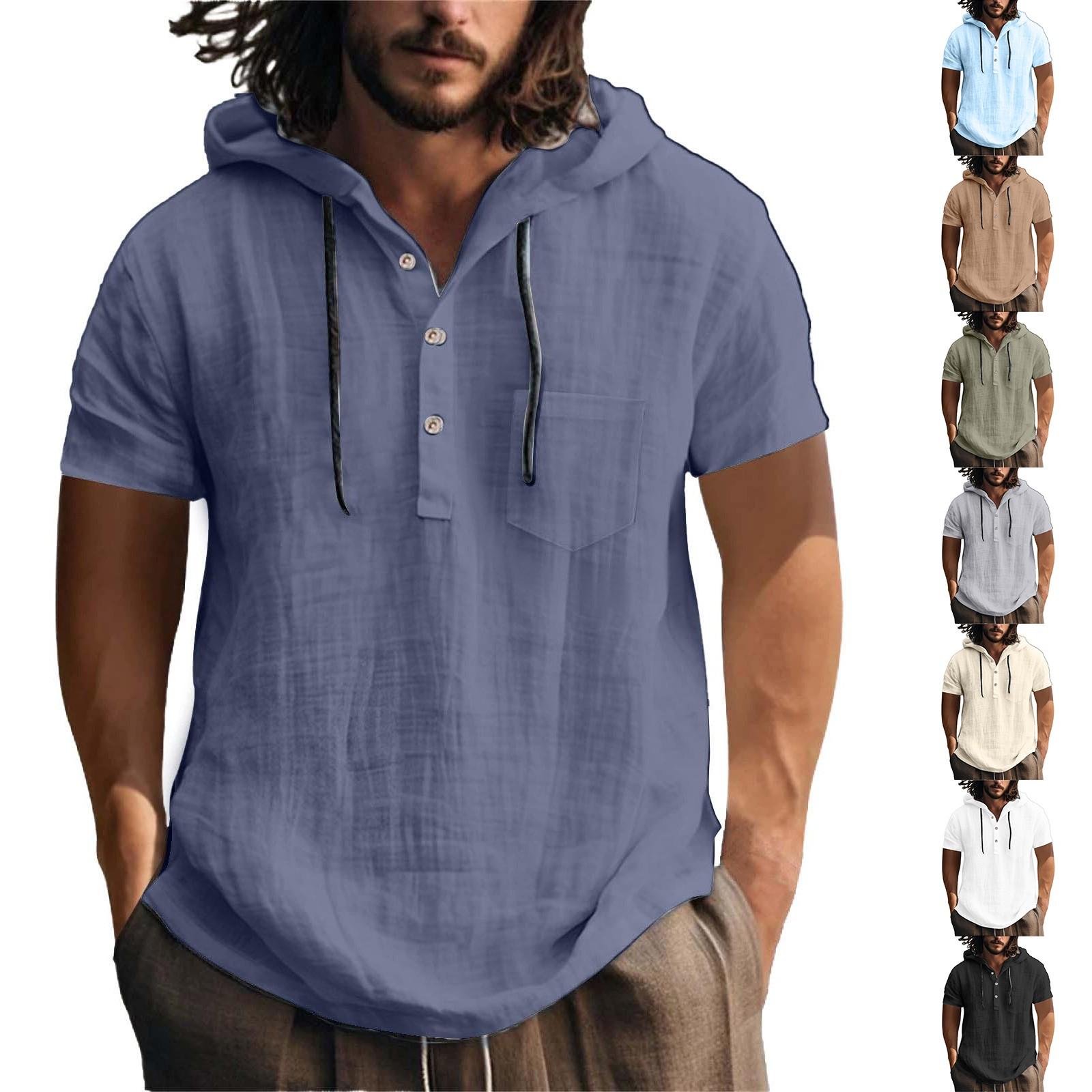 Winnerer Neptune Heren hoodie met korte mouwen, zomers katoen, hennep, katoen, dun, casual, effen kleur, los L legergroene kleur
