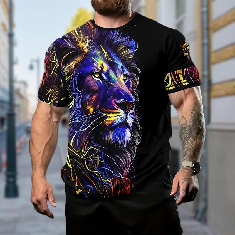 Womens blouse shirts Nieuwe zomer herenmode T-shirt persoonlijkheid leeuw bedrukt heren T-shirt top XS zwart
