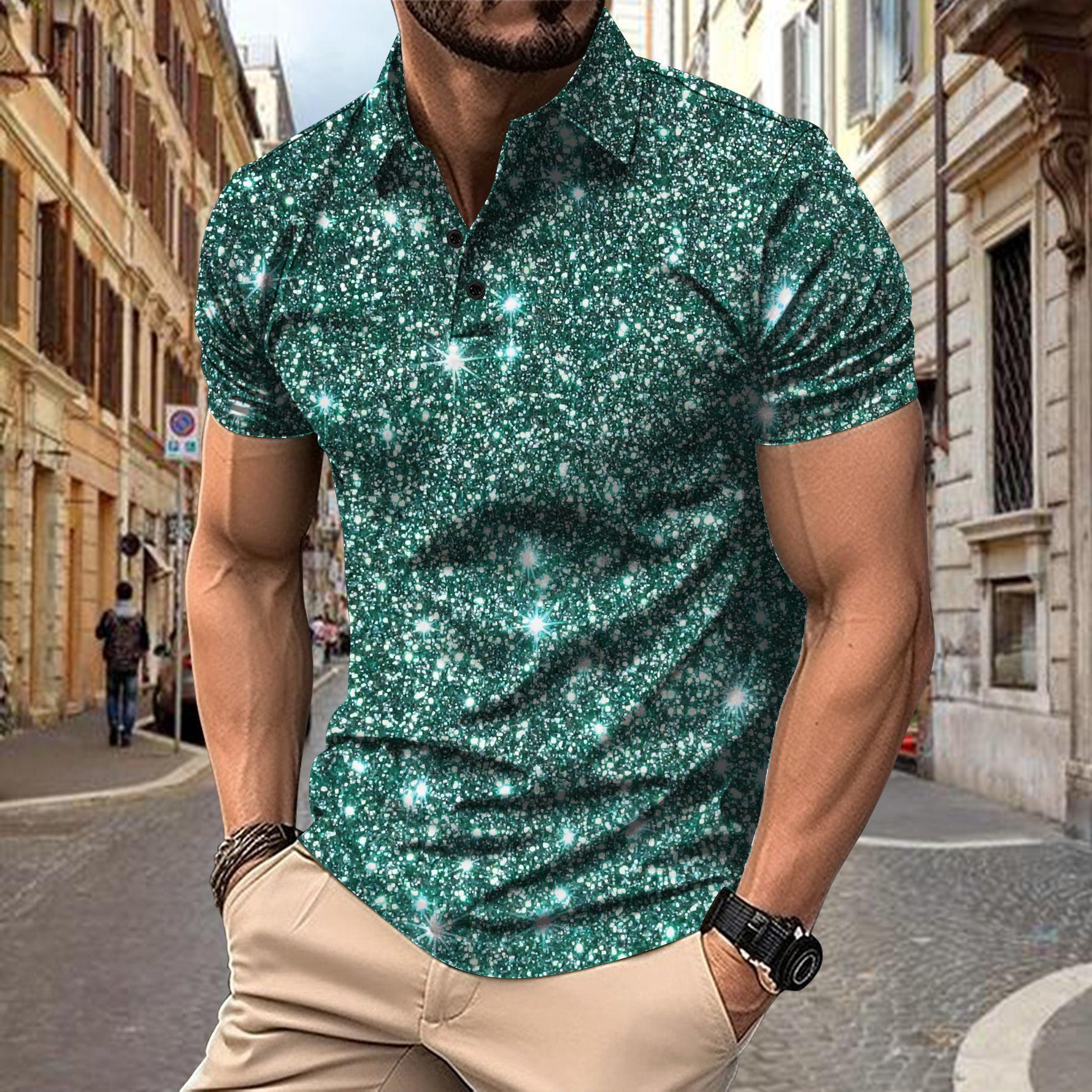 Cloth W Heren Polo T-shirts Mode Casual Korte Mouw 3D Sparkle Pailletten Print Heren Sport Shirt S kaki