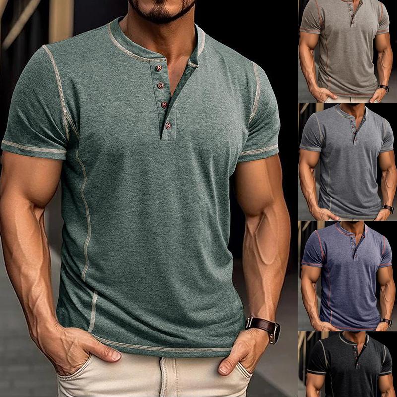 Lucky Black Cat Ademend casual heren T-shirt met korte mouwen Henley-knoop, lichtgewicht zacht katoen, comfortabele pasvorm, losse werkvakantie-truitop S