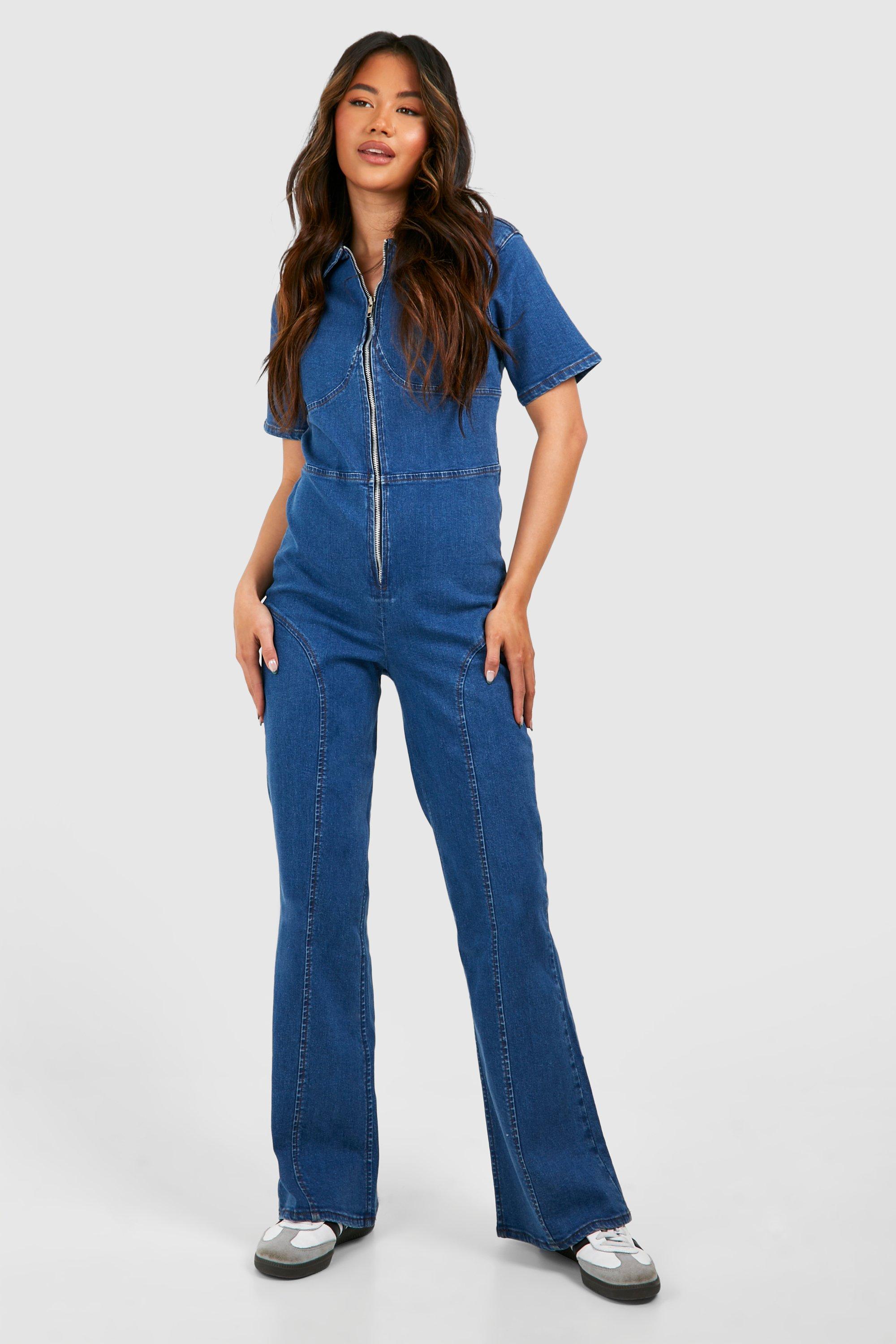 Boohoo Denim Overall Met Rits, Mid Blue