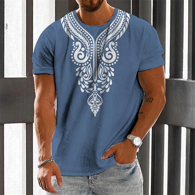 Wengy 2 Vintage heren T-shirt Etnische print Casual Korte mouw Zomer Ronde hals Streetwear Heren Losse sweatshirt Ademende herenkleding S