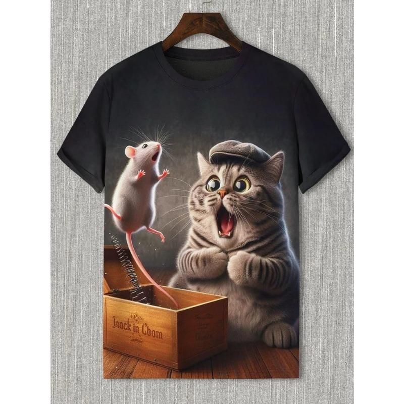 Bobby3 Men's Animal Funny Cat Printed T Shirt Short Sleeve Tees Tops 3D Print O-Neck Shirts Party Summer Casual Men's Clothing L