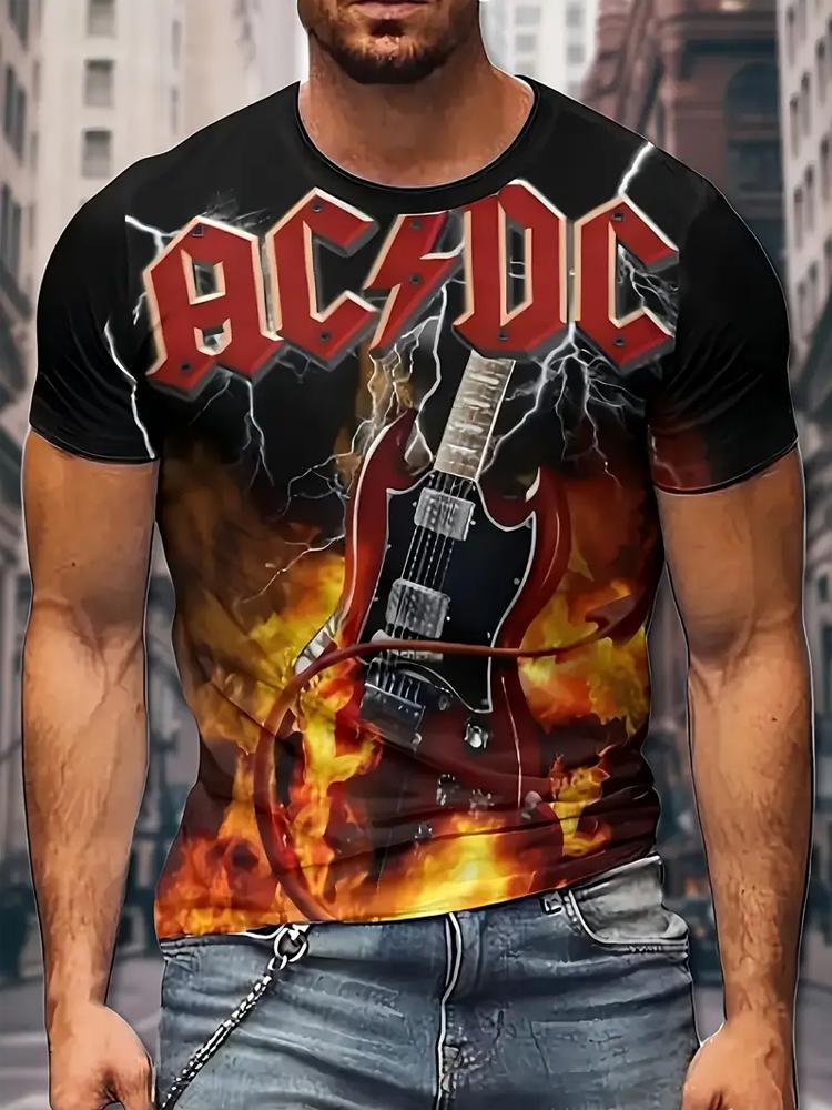 Haojun Men's AC/DC 3D Printed T-Shirt 100% Polyester Crew Neck Casual Knit Fabric Top Print Summer Fashion Tee S zwart