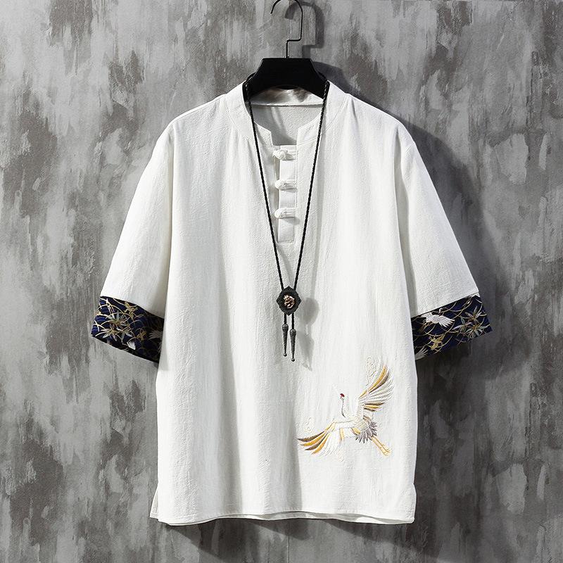Cloth W Heren Kraan Borduurwerk T-shirts Traditionele Japanse Stijl Kleding Heren Half Mouw Linnen Effen Madarin Kraag Shirts M wit