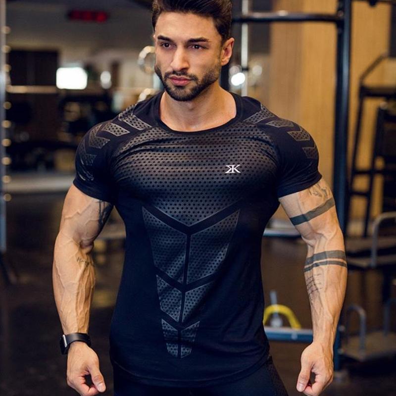 Fashion 002 Compressie Sneldrogend T-shirt Heren Hardlopen Sport Skinny Kort T-shirt Mannelijke Gym Fitness Bodybuilding Workout Zwart Tops Kleding XL