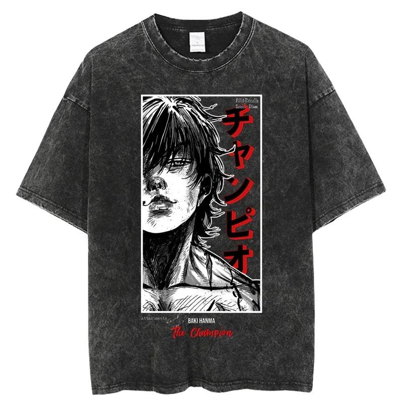 Washed Vintage T Shirt Exclusive NO.1 Anime Grappler Baki Hanma T-shirts Unisex Harajuku Streetwear Mode Gewassen T-shirts 100% Katoen Zomerkleding Casual Kleding S