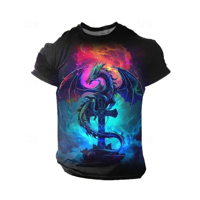 HerSight 3D Dragon Print Men's T-shirt Summer Daily Casual Men's Street T-shirt Outdoor Sports Short Sleeve Urban Fashion Men's T-shirt S