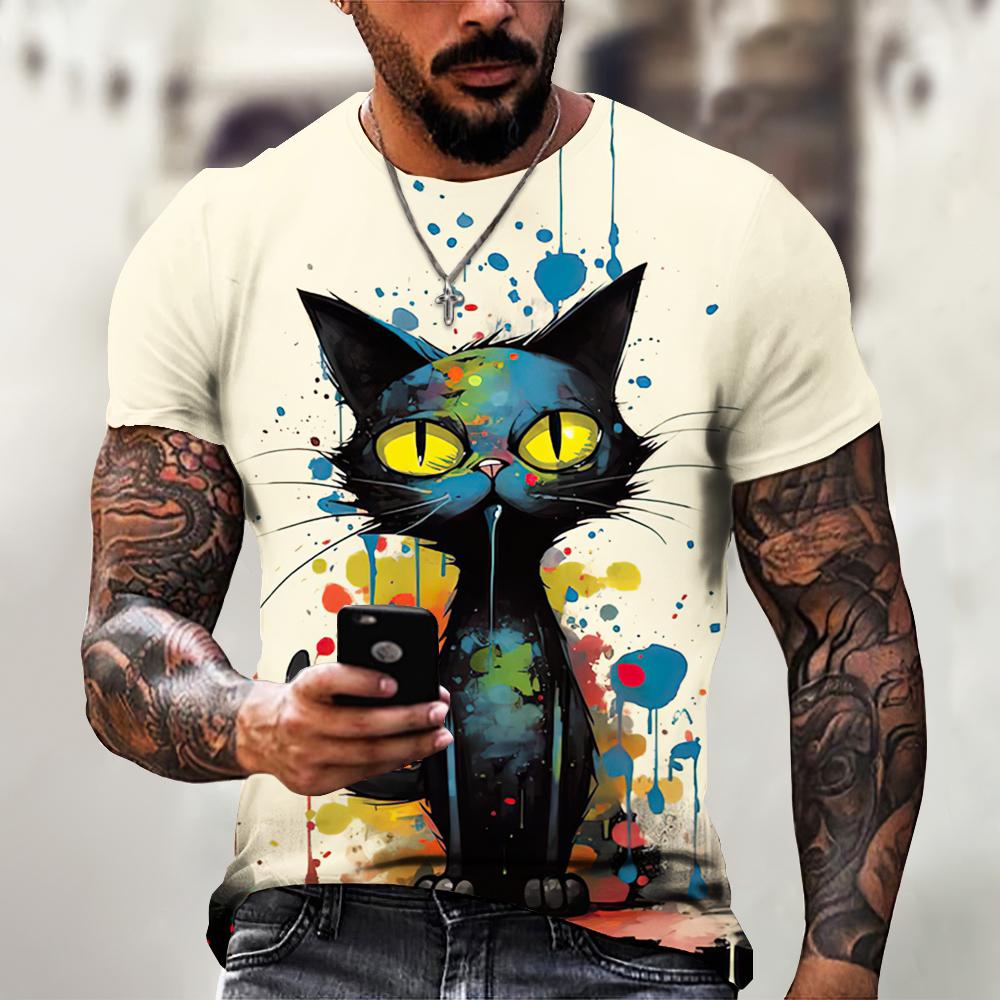 Plus Size FUGUIS Men's T-Shirt Animation 3d Printe Cat Graffiti Pattern Short Sleeve T-Shirt Animal Print Tops Tees Summer Men'sT-Shirts XL