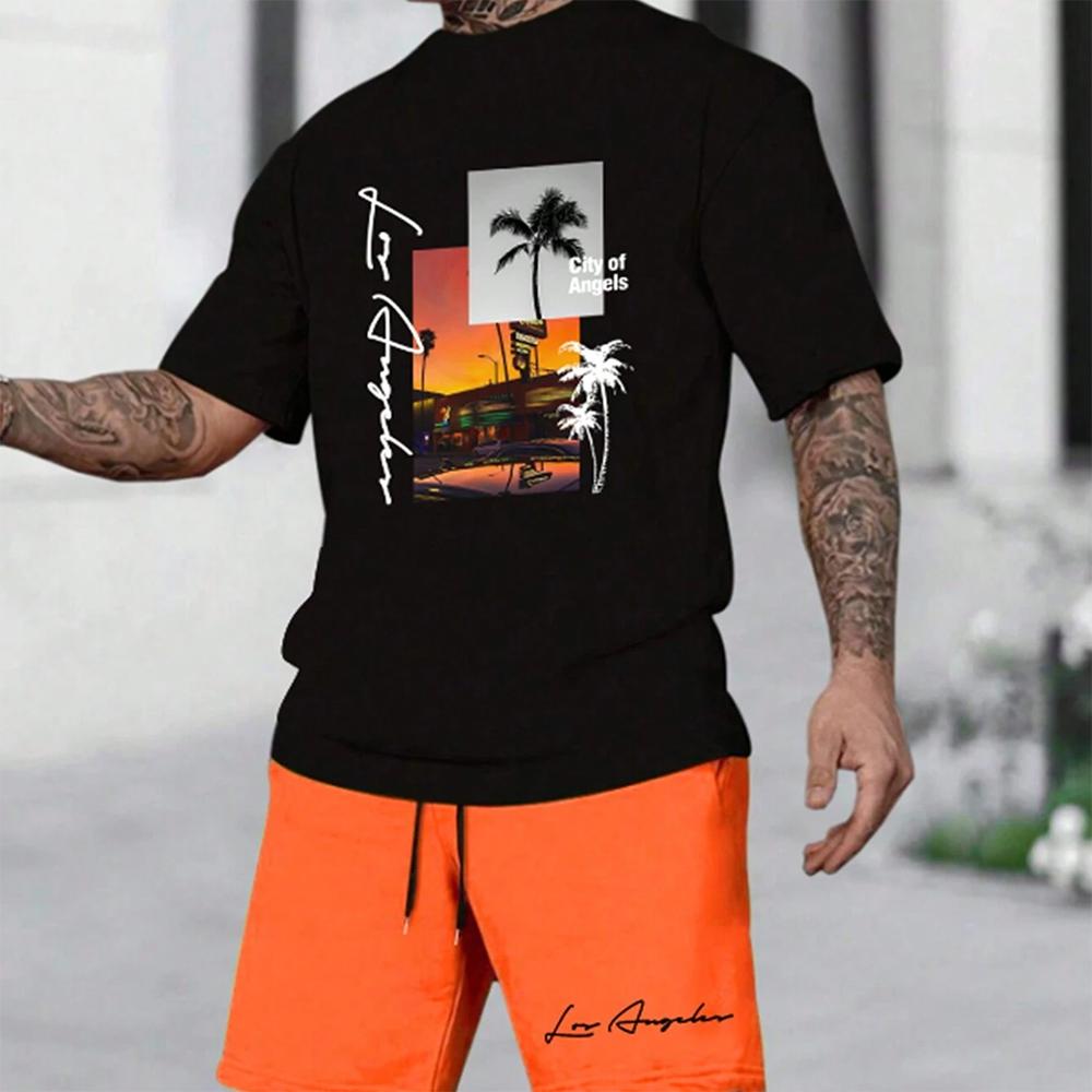 Etst 003 Hawaiiaanse set Europese en Amerikaanse trendy strand korte mouwen shirt heren Dopamine strand casual shorts set zacht en comfortabel S