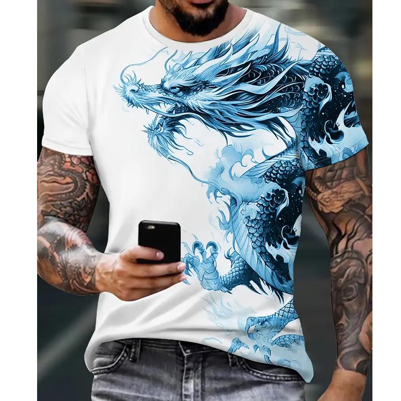 Womens blouse shirts New Summer Men's Fashion T-shirt Personality Dragon Printed Men's T-shirt Top XS zwart