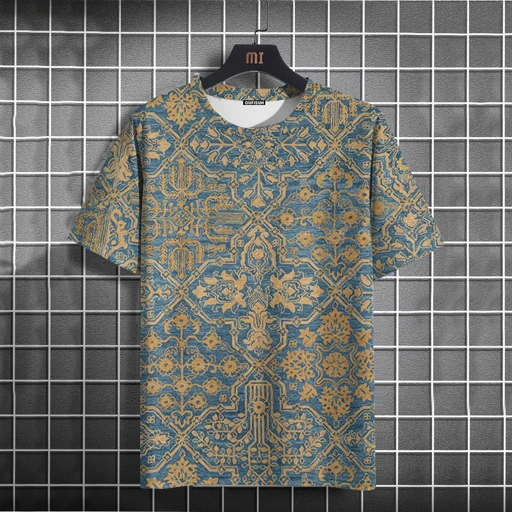 Etst 003 Vintage heren T-shirt Etnische print Casual Korte mouw Zomer Ronde hals Streetwear Heren Losse sweatshirt Ademende herenkleding S