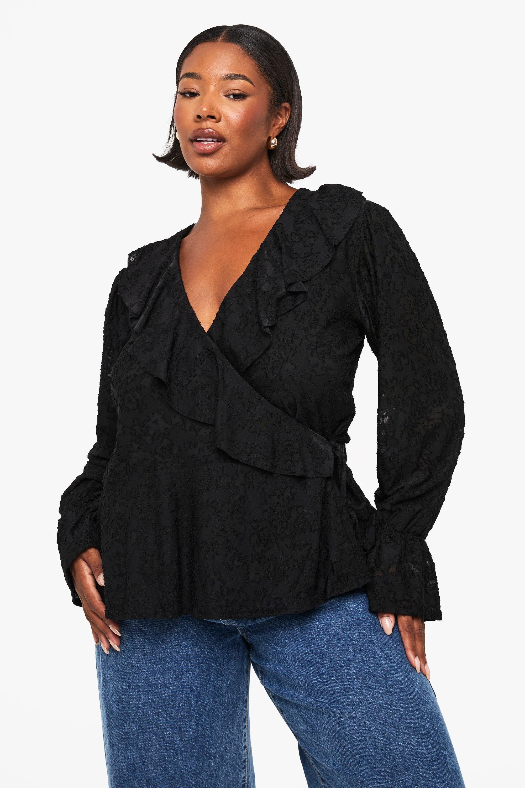 Boohoo Plus Jacquard Floral Wrap Ruffle Blouse, Black