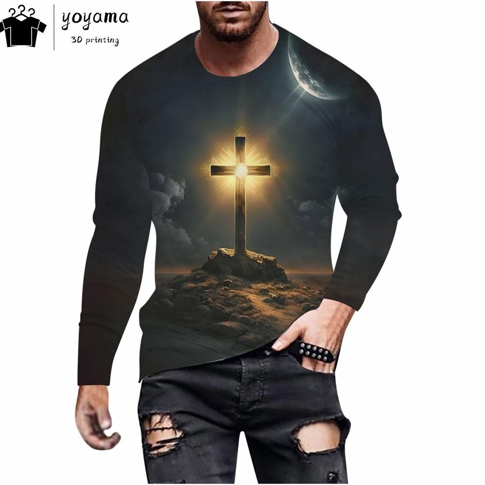 ETST 05 Kruisbeeld Patroon Print Herenkleding O-Hals Lange Mouw T-shirts voor Mannen Casual Herenkleding Straat Kruisbeeld Grafische T-shirts L