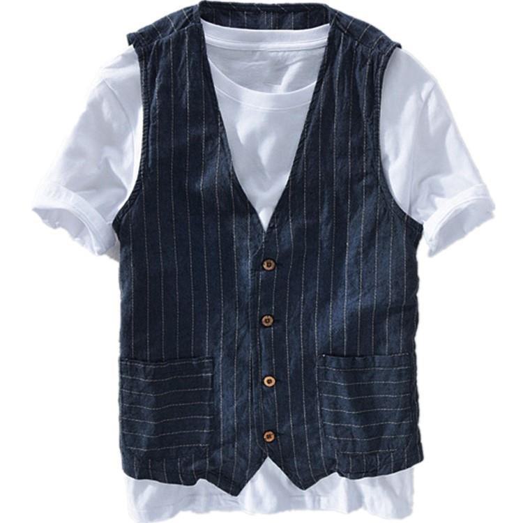 Top Men Wardrobe 2024 Brits Heren Gestreept Lange Mouw Overall Vest Shirt Jas L leisteen grijze kleur