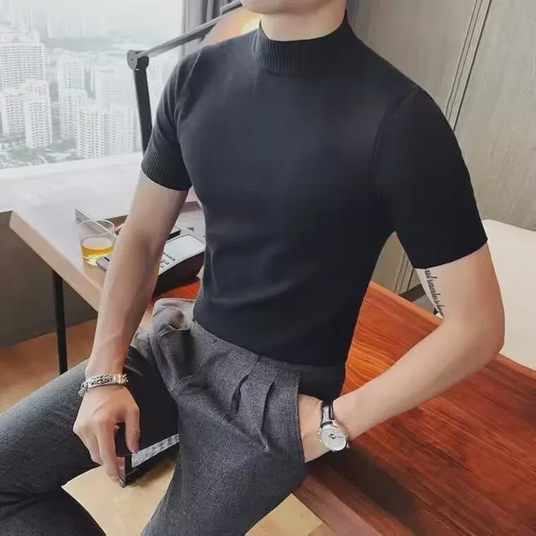 VantaGoods 2025 Jeugd Heren Trendy Casual Halfhoge Kraag Effen Kleur Korte Mouwen Pullover Trui M wit
