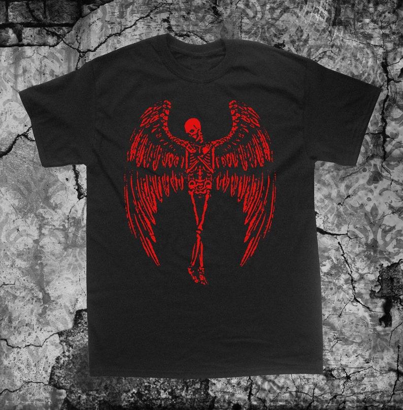 Great Deal 230 Gsm 100% Katoen Gevleugeld Skelet Shirtpunk Occult Gotisch Kwaad Satan Geitenkop Pentagram Satanische Geit van Mendes Schedel Voodoo Metaal Duivel Baphomet M zwart
