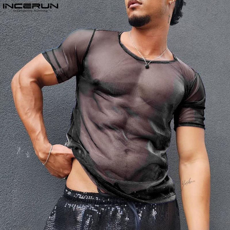 INCERUN Heren O-hals Korte Mouw Mesh Sheer Doorkijk Party Club Aansluitende T-shirts 3XL paars
