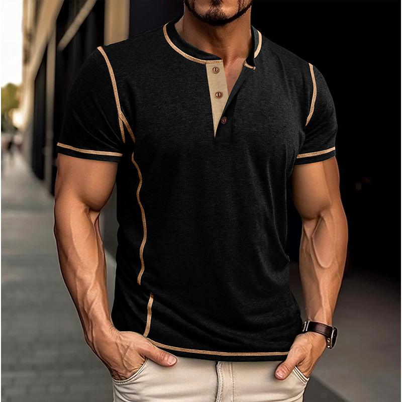 Phoca Largha for Men Heren Henley T-shirts met contrastkleur, Casual tops met korte mouwen en knoopsluiting, Streetwear essentieel voor de zomer M zwart