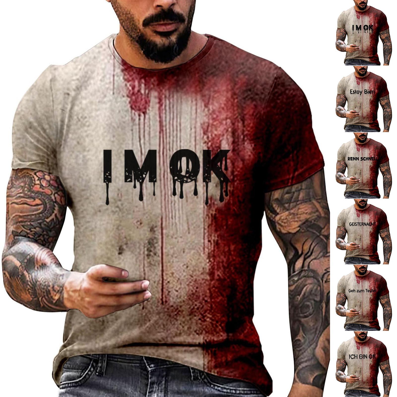 Wahaha123 Halloween T-shirt Heren Casual Ronde Hals Bloedspatten Patroon Tops Horror Bloederige Bedrukte Korte Mouw Tops L kaki