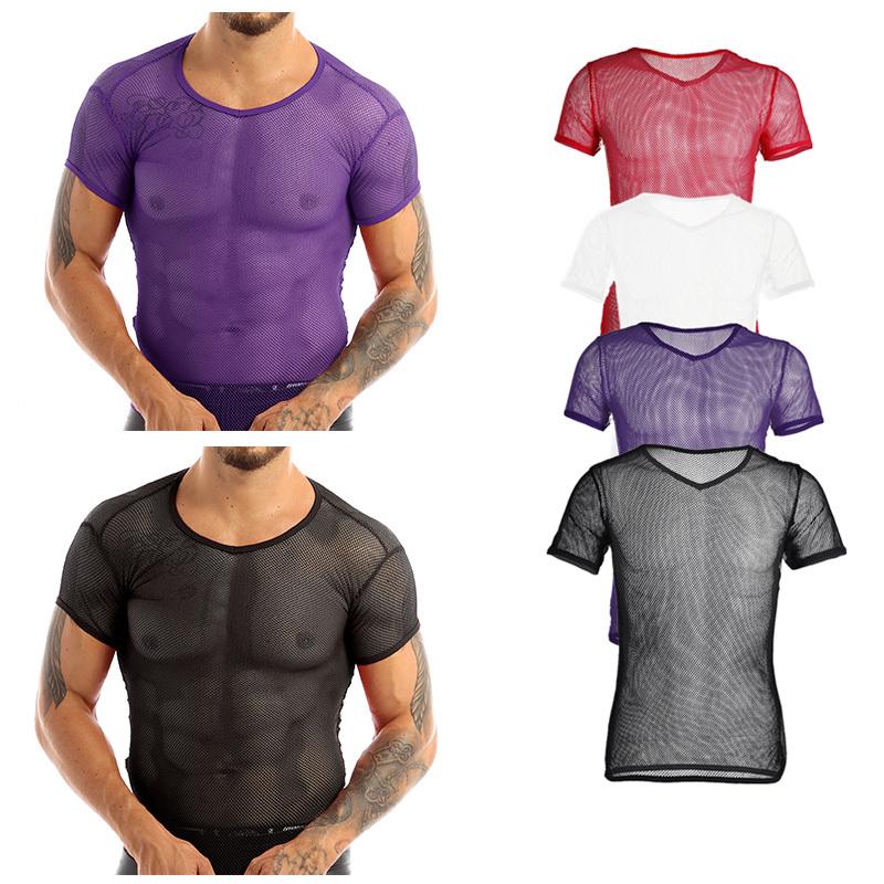 ZDHoor Zomer Cool Mesh Slim Casual T-shirt met korte mouwen Mesh T-shirt Man Doorzichtig vest Tops 3XL zwart