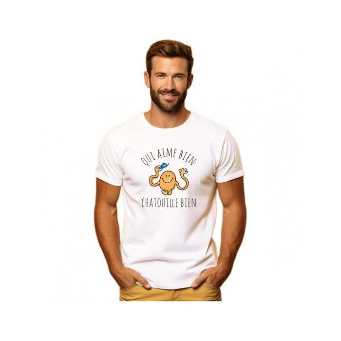 MANI TEXTILE T-shirt homme - Monsieur Madame - 'Qui aime bien chatouille bien' - Blanc - Coton Bio - Manches courtes