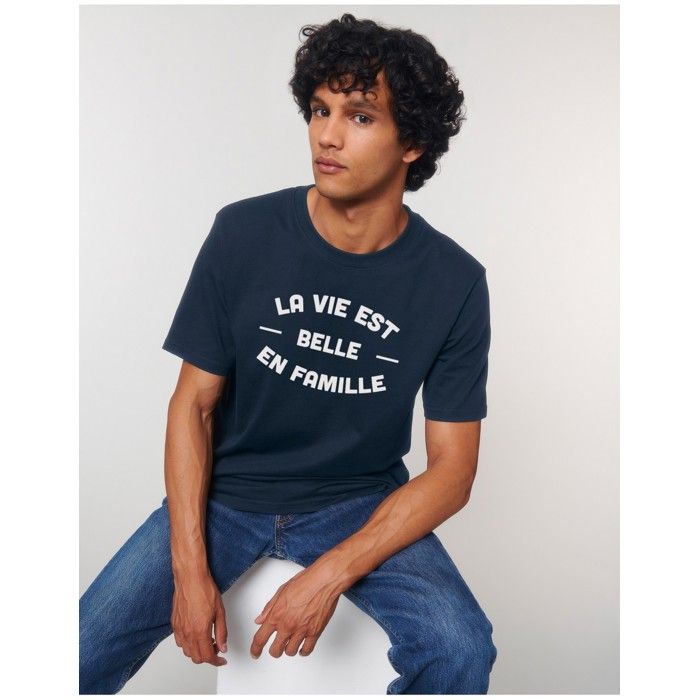 MANI TEXTILE T-shirt homme - Ma Petite Tribu - La vie est belle en famille - Bleu - Coton bio - Manches courtes