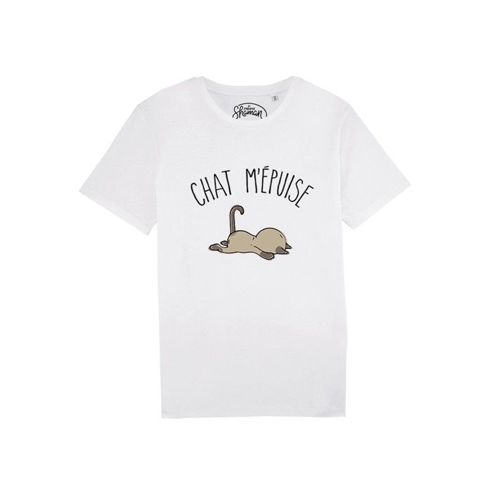 MANI TEXTILE SHAMAN - TSHIRT HOMME CHAT M'EPUISE BLANC XXL