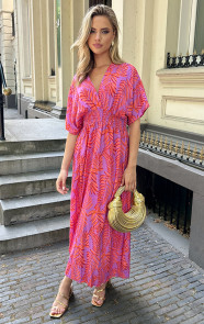 Jurkjes V-Hals Maxi Print Jurk Anouk Leaf Oranje