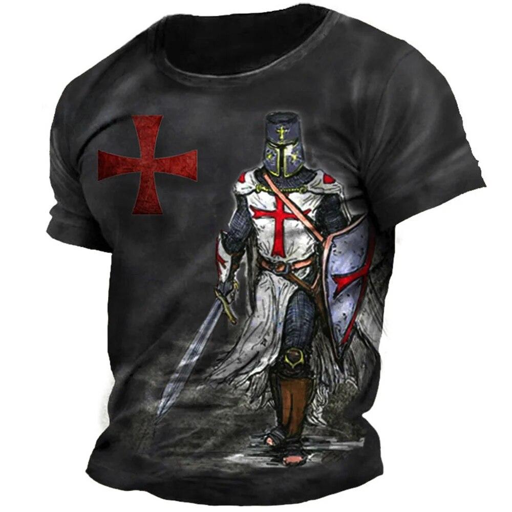 Wengy 2 Retro Tempeliers Print Heren T-shirts Zomer Losse Polyester Korte Mouw Mannelijke Tops Crusader Soldaat Kleding Kleding 4XL