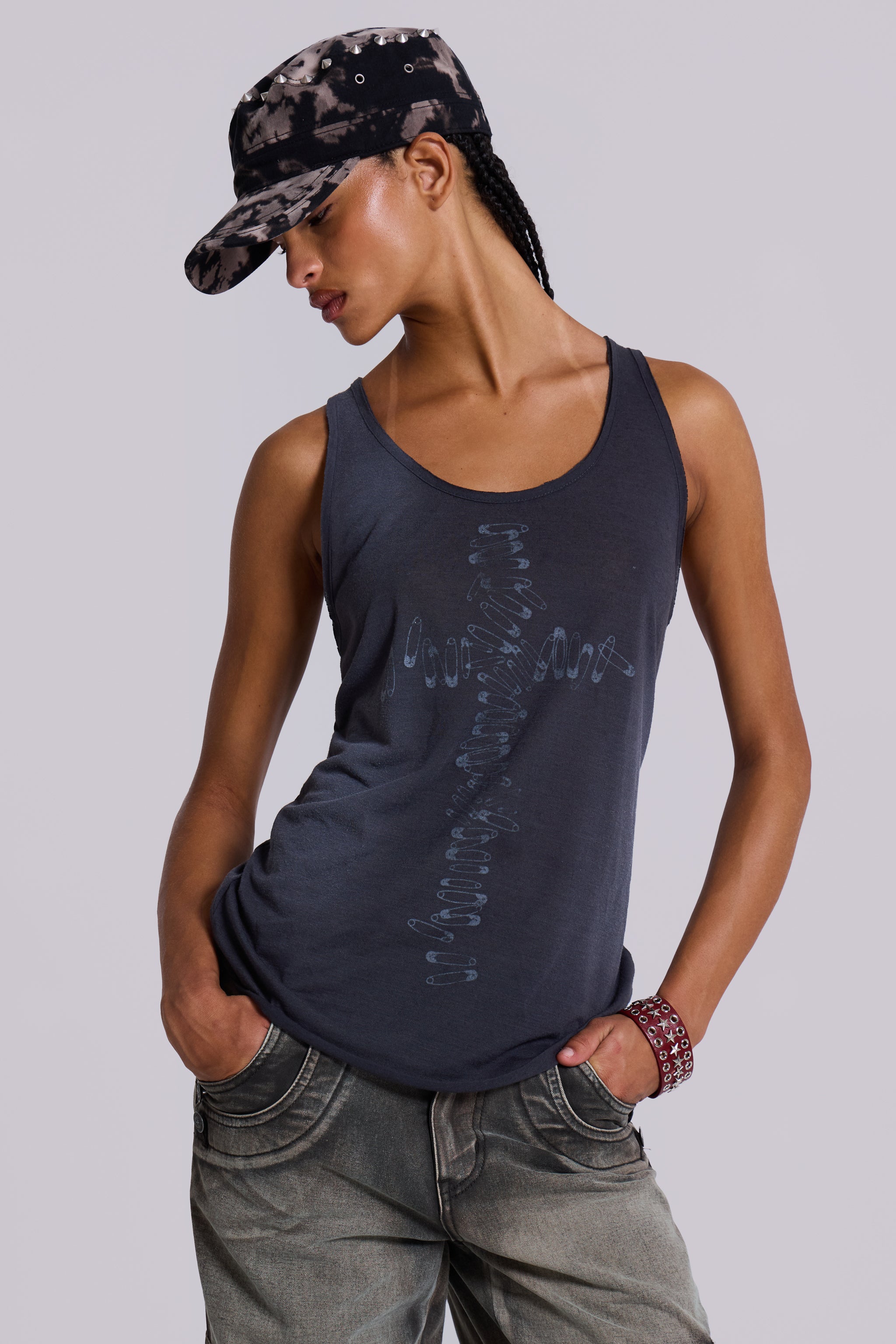 Jaded London Safety Pin Washed Black Tank