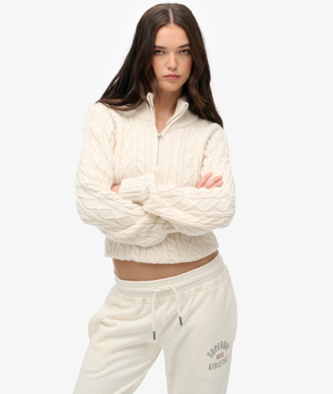 Superdry Gebreide Kabeltrui met Halve Rits in Slimfit Crème