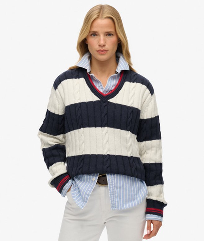 Superdry Oversized Kabeltrui met V-hals en Strepen Blauw