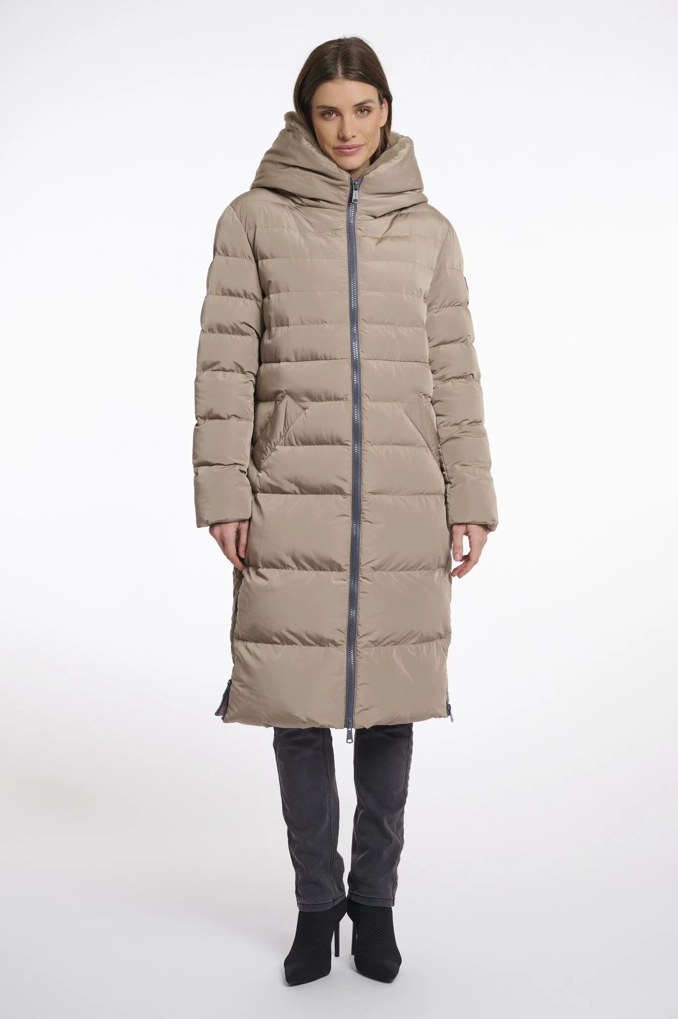 Rino & Pelle Keilafur.7002511 long padded hooded coat with faux fur toffee