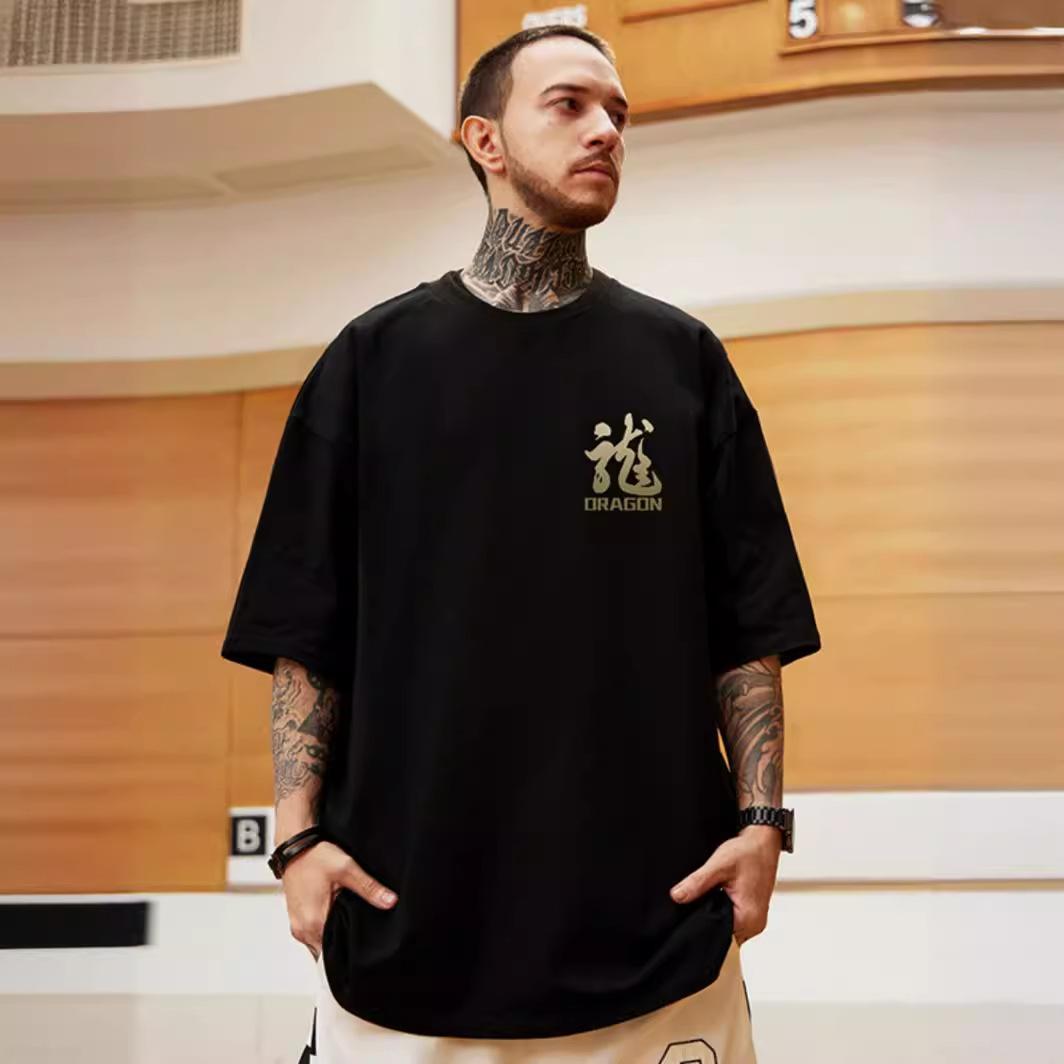 Fashion human Nieuwe Chinese wind Jaar van de Draak gedrukte t-shirt met korte mouwen mannen losse grote werven straat hiphop vijf half mouwen tops 8XL