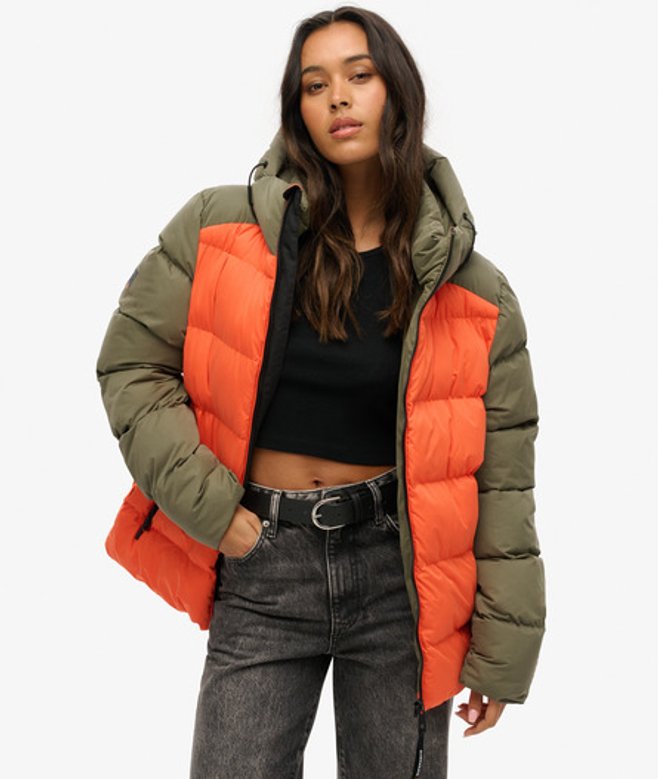 Superdry Oversized Sport Pufferjas met Kleurvlakken Khaki