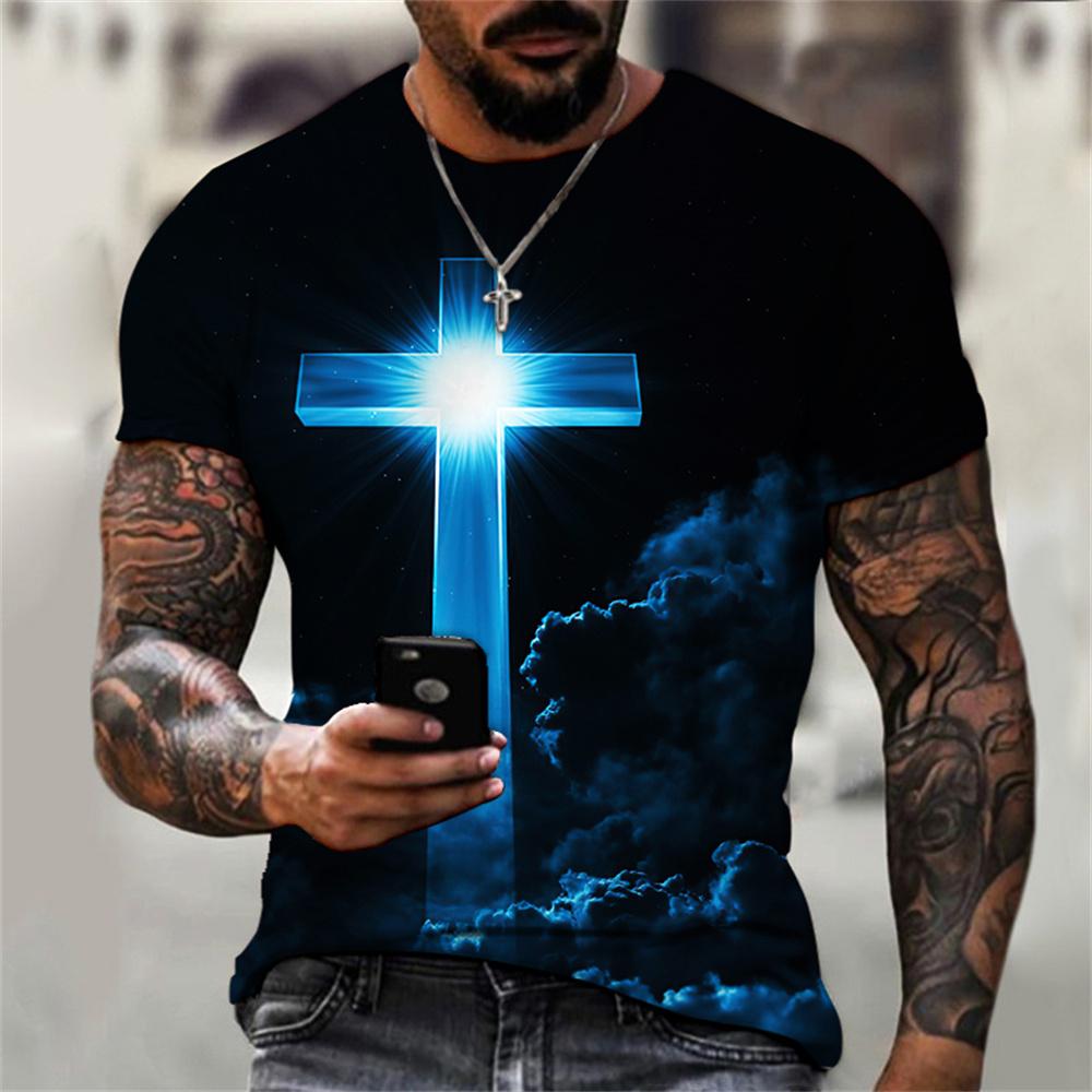 Subilier Christelijke T-shirts Oversized T-shirt Gothic Jezus Christus Kruis 3D Print O-hals Tops Vintage Hip Hop Korte Mouw Herenkleding XXL