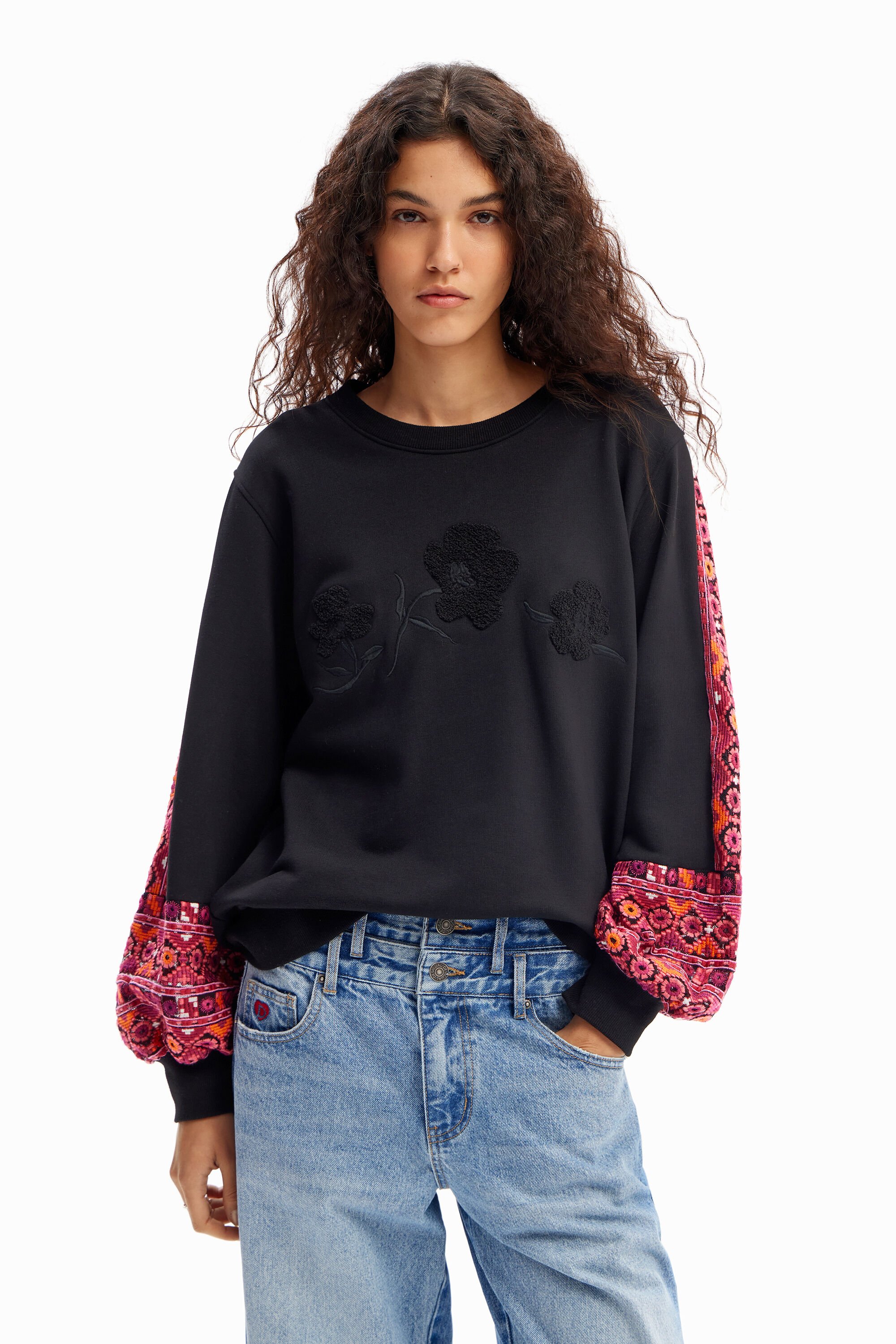Desigual Sweatshirt pofmouwen borduursels - BLACK
