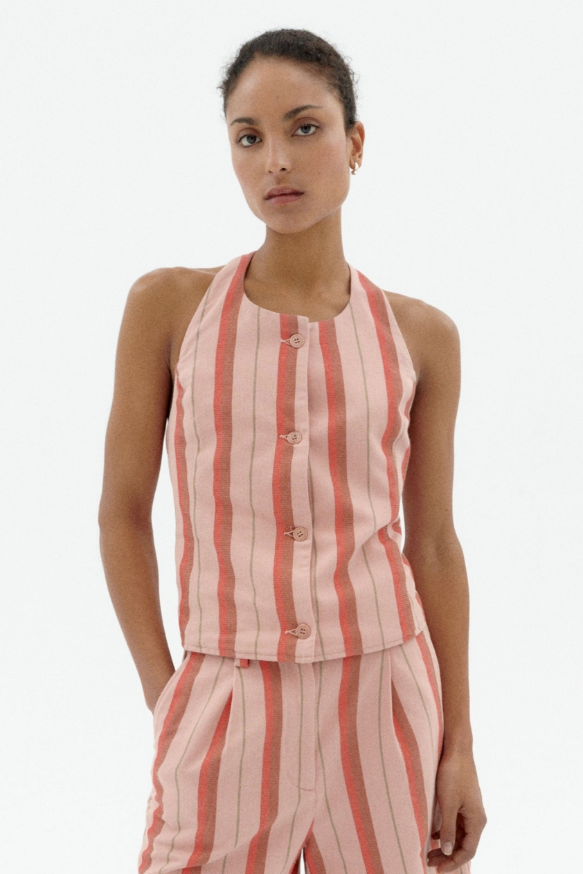 Thinking mu Damen vegan Top Neckholder Melo Gestreift Rosa