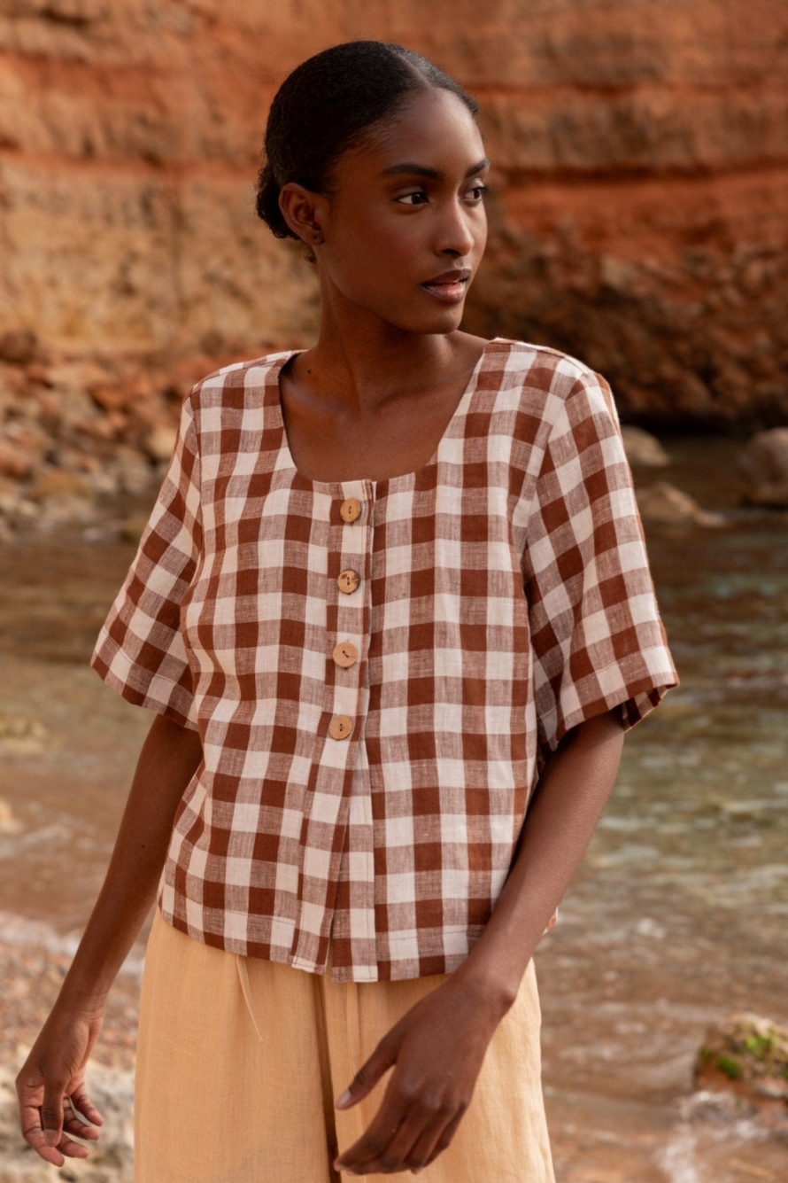 AmourLinen Damen vegan Top Maeve Mocha Gingham