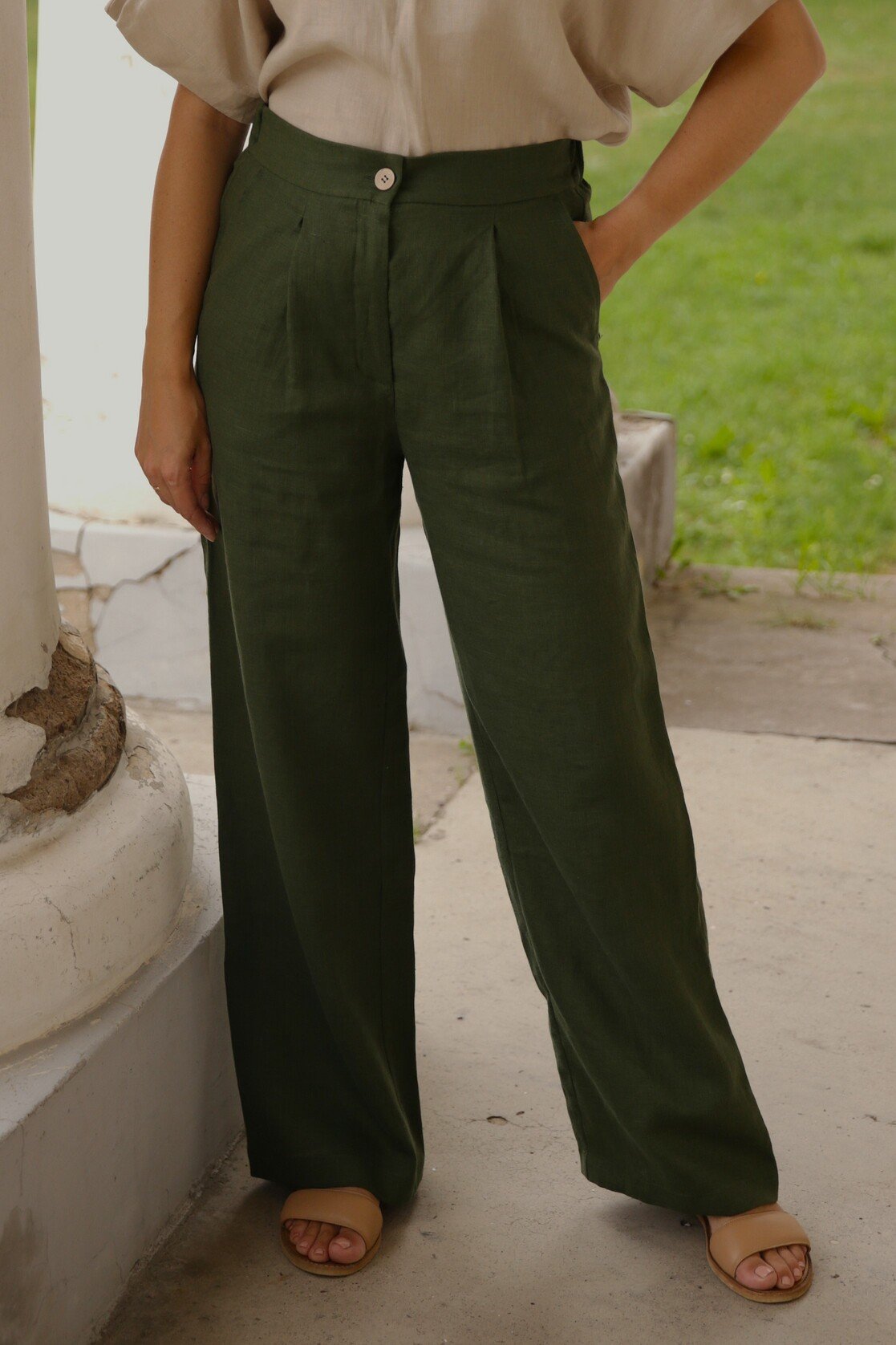 Amber Linen Damen vegan Hose Jakarta WaldgrÃ¼n