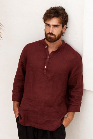 RAVENS VIEW IBIZA Herren vegan Leinenhemd Mykonos Dunkel Granat