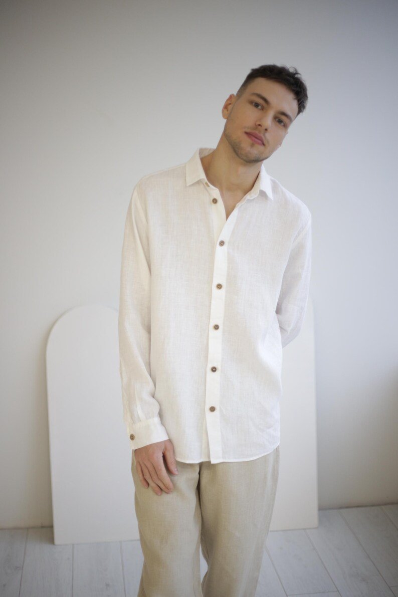 Amber Linen Herren vegan Hemd Havanna WeiÃŸ