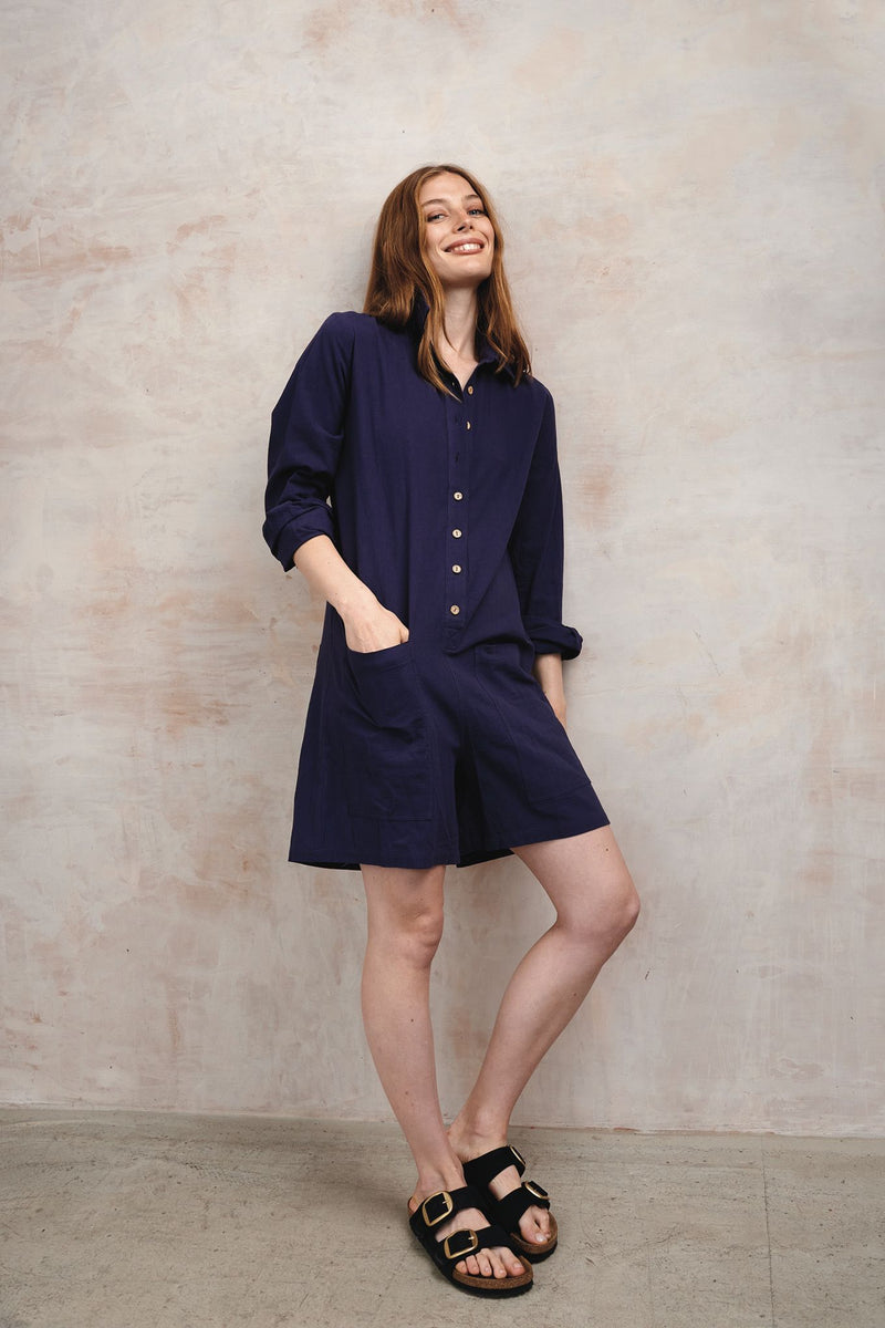 KOMODO Damen vegan Playsuit Musselin Langarm Tiff Navy
