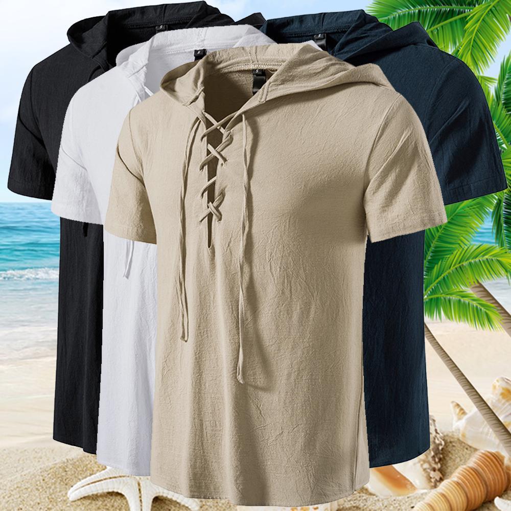 Super maller Zomer katoen en linnen strand T-shirt heren los half vest T-shirt mode vakantie T-shirt met capuchon L zwart