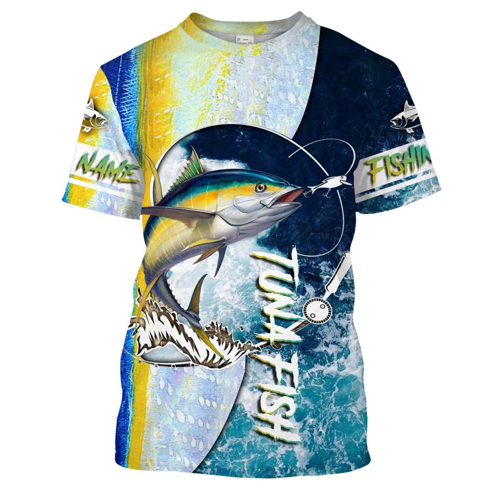 ETST WENDY 005 Tonijnvissen Gedrukt Heren T-shirt Vis Blauw Zomer Stijl Casual Unisex Plus Size Shirt Outdoor Harajuku O hals Custom Tops 4XL
