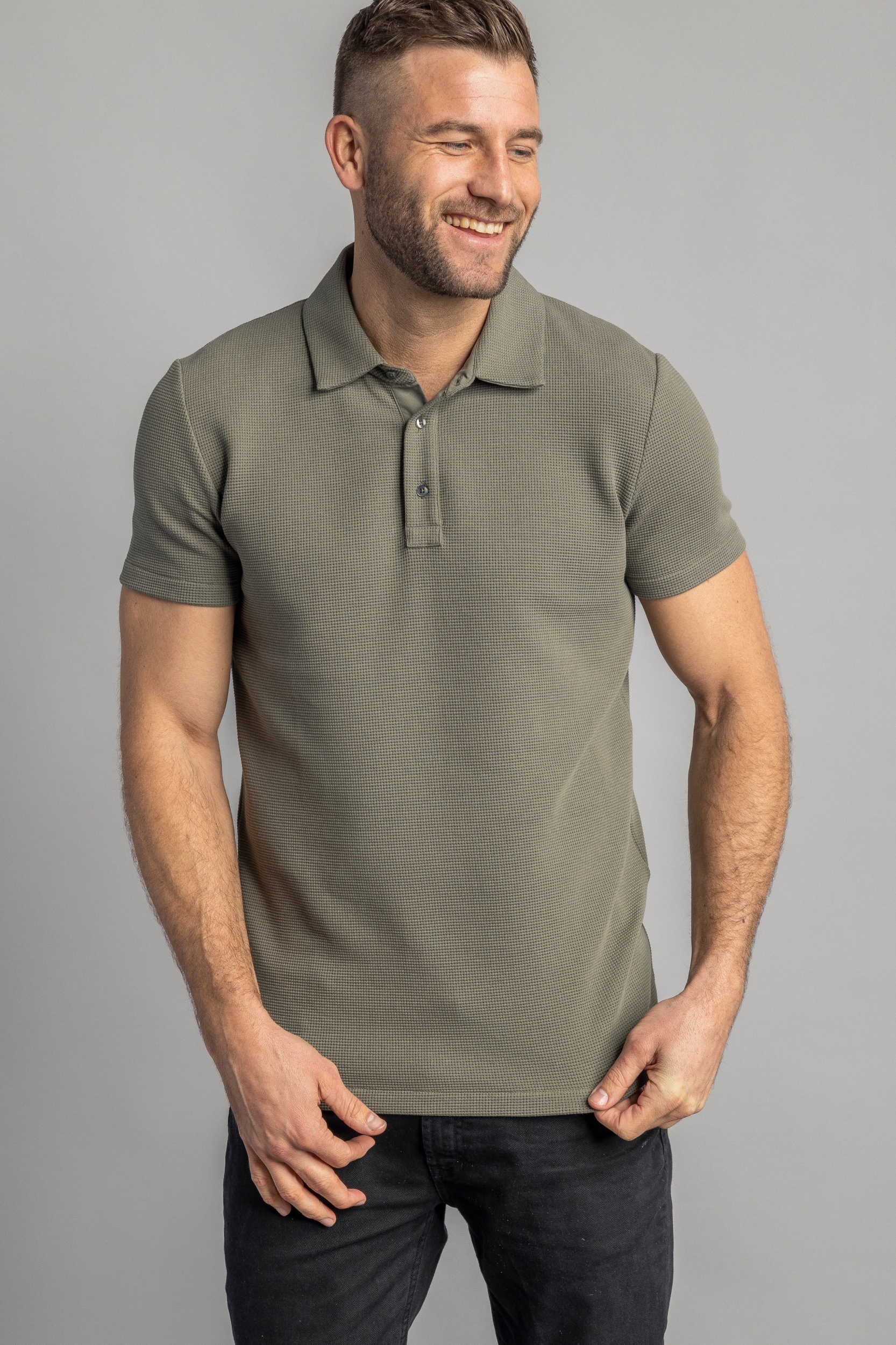 DIRTS Herren vegan Waffel-PiquÃ©-Poloshirt Dusty Olive