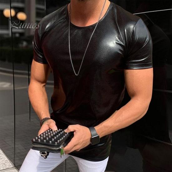 SOUTONG Zomer Heren T-shirt Glanzend Oppervlak Bronzing Slim Fit O Hals Effen Kleur Korte Mouwen Trui Feest Club Prestatie Dans Streetwear Top 2XL zilver