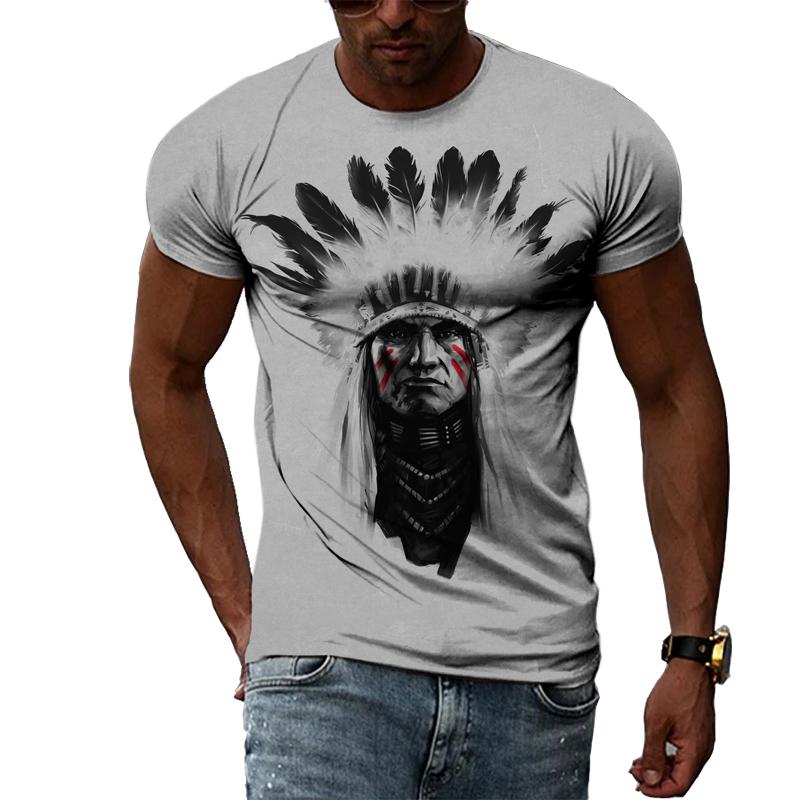 ETST 05 Indiase Stamhoofden Zomer Persoonlijkheid 3D Harajuku Print Casual Losse Ademende Ronde Hals Korte Mouw Heren T-shirt Top 2XL